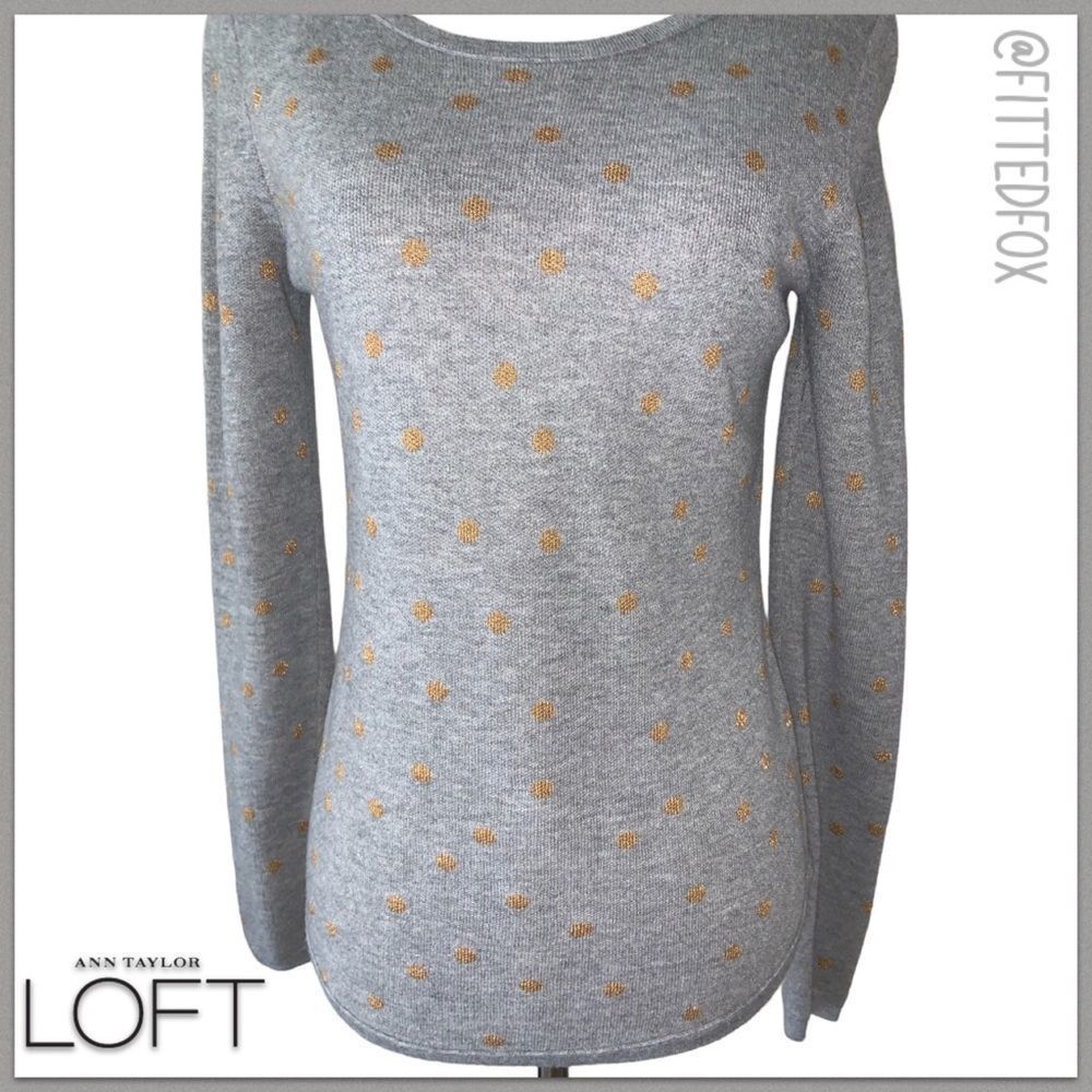 ANN TAYLOR LOFT WOMENS GOLD PULLOVER SWEATER | GREY W/ GOLD POLKA DOTS | SIZE S